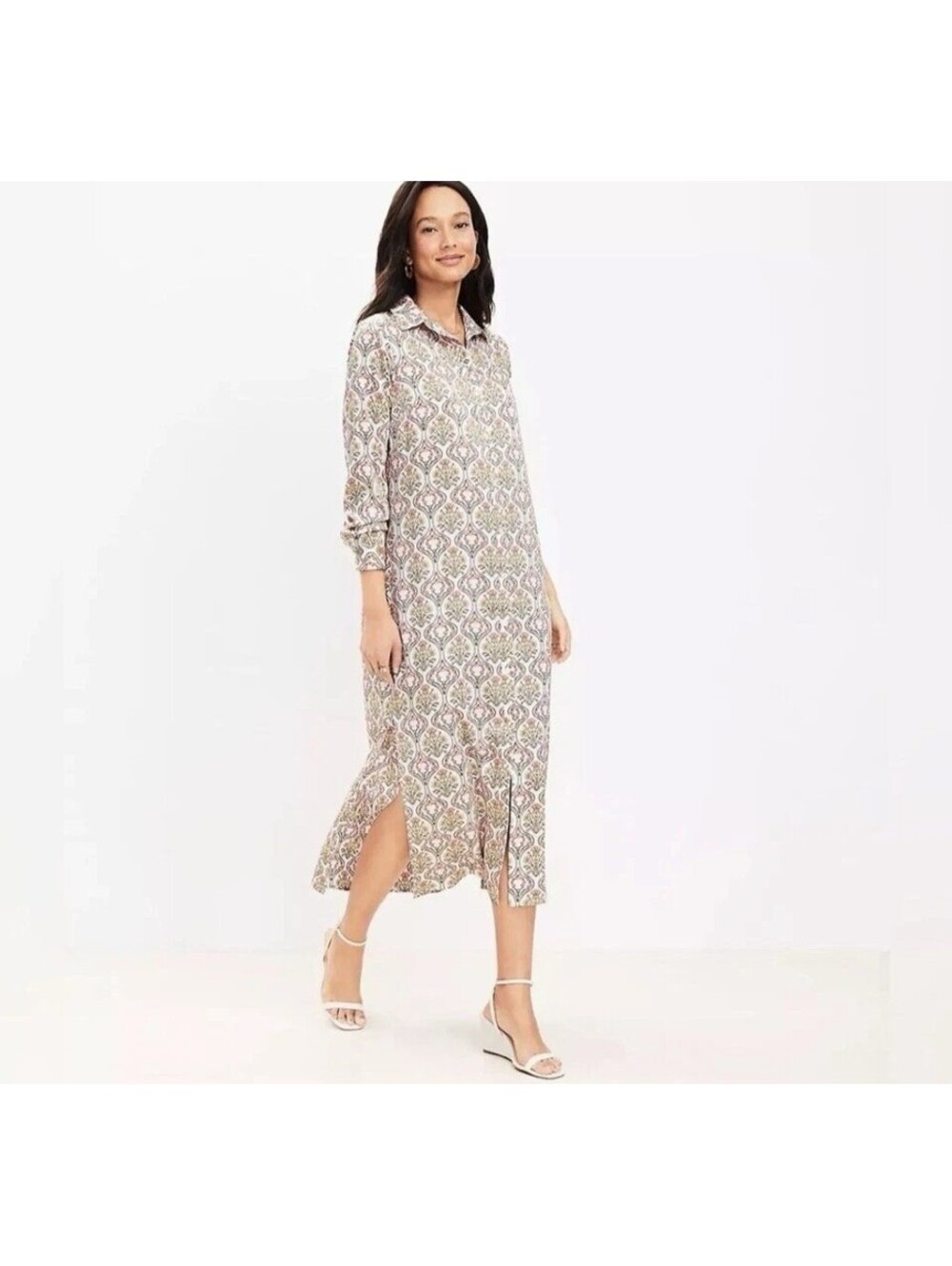 LOFT Dress Floral Maxi Long Sleeve Button Front Tuilerie Shirtdress 00P